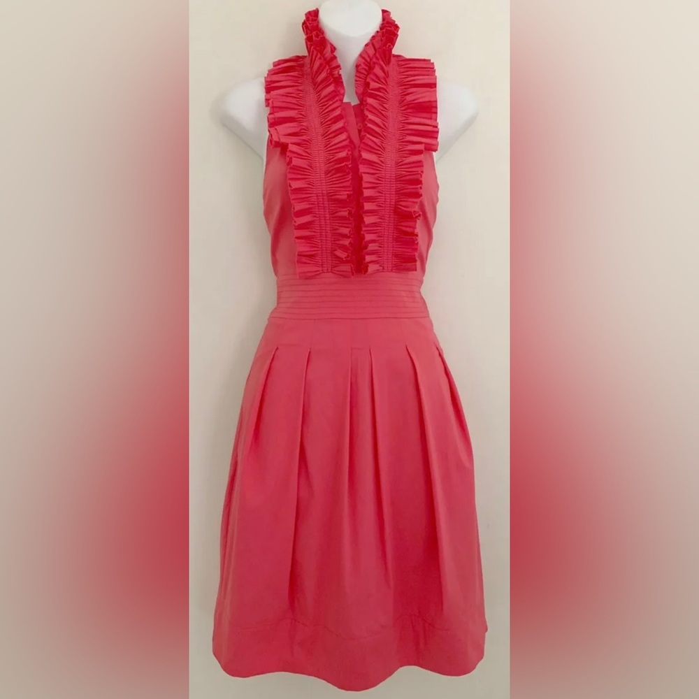 BCBG MAXAZRIA Sz 0 Women Coral-Pink Halter Dress Ruffle Front Pleated Tie Waist